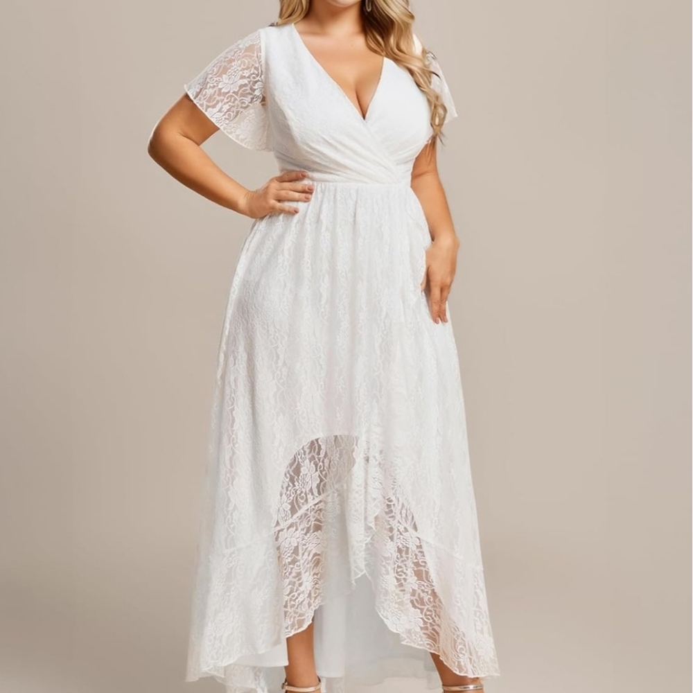 Ever-Pretty V-Neck Ruffles Sleeves High Low Lace Size 16 Wedding Dress - Picture 2 of 6